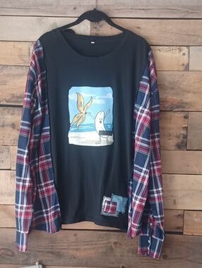 Upcycled Black Graphic Tee with Red & Navy Plaid Sleeves